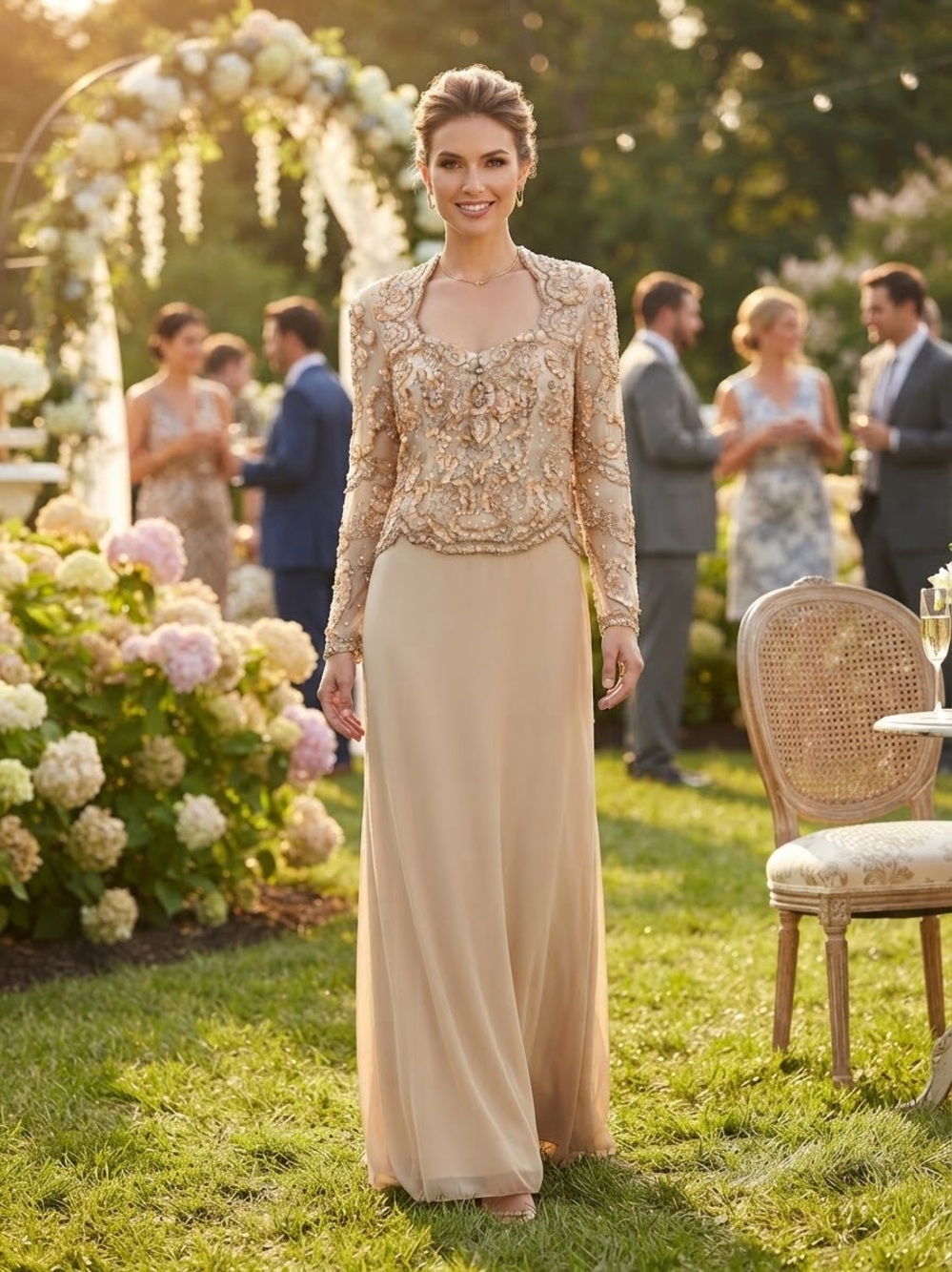 Embroidered Long-Sleeve Maxi Dress in Champagne Gold